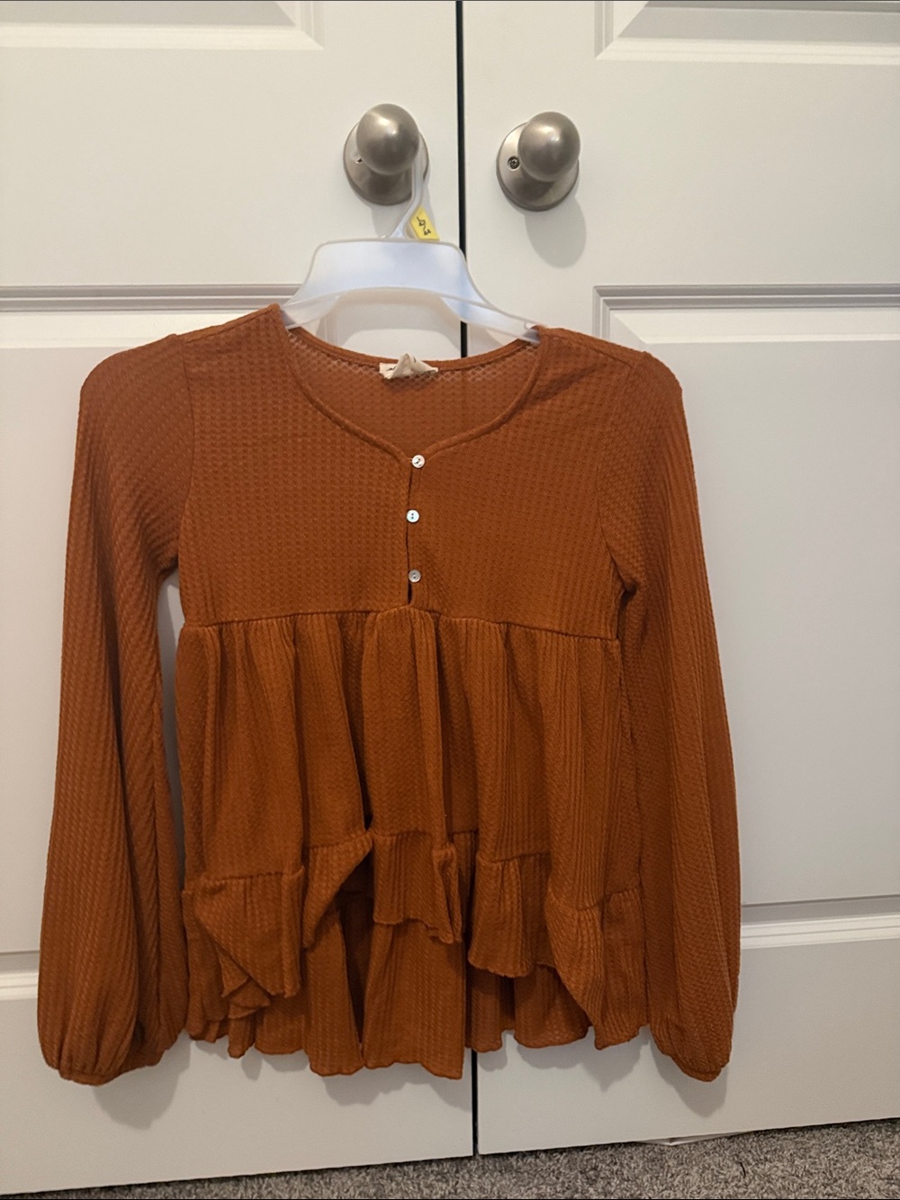 Joyfolie Rust Brown/ burnt orange Long Sleeve Ruffle Peplum Top